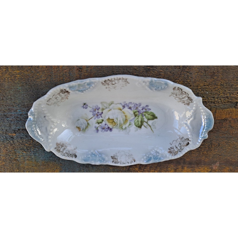 Antique Rose Decorated Hand-Painted Porcelain Relish Tray Germany‎  8.5x4.5